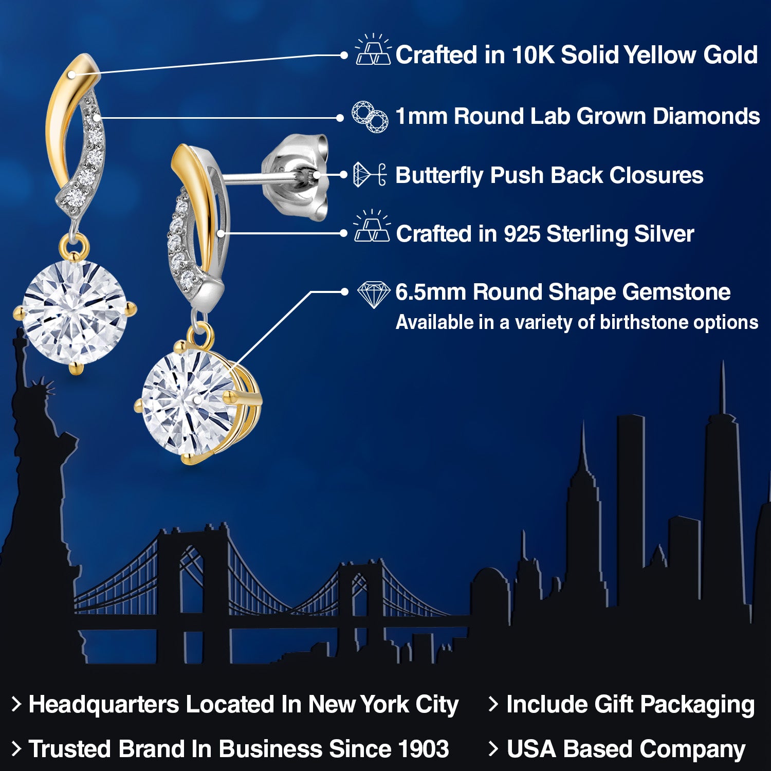 Earrings in 925 Sterling Silver and 10K Yellow Gold