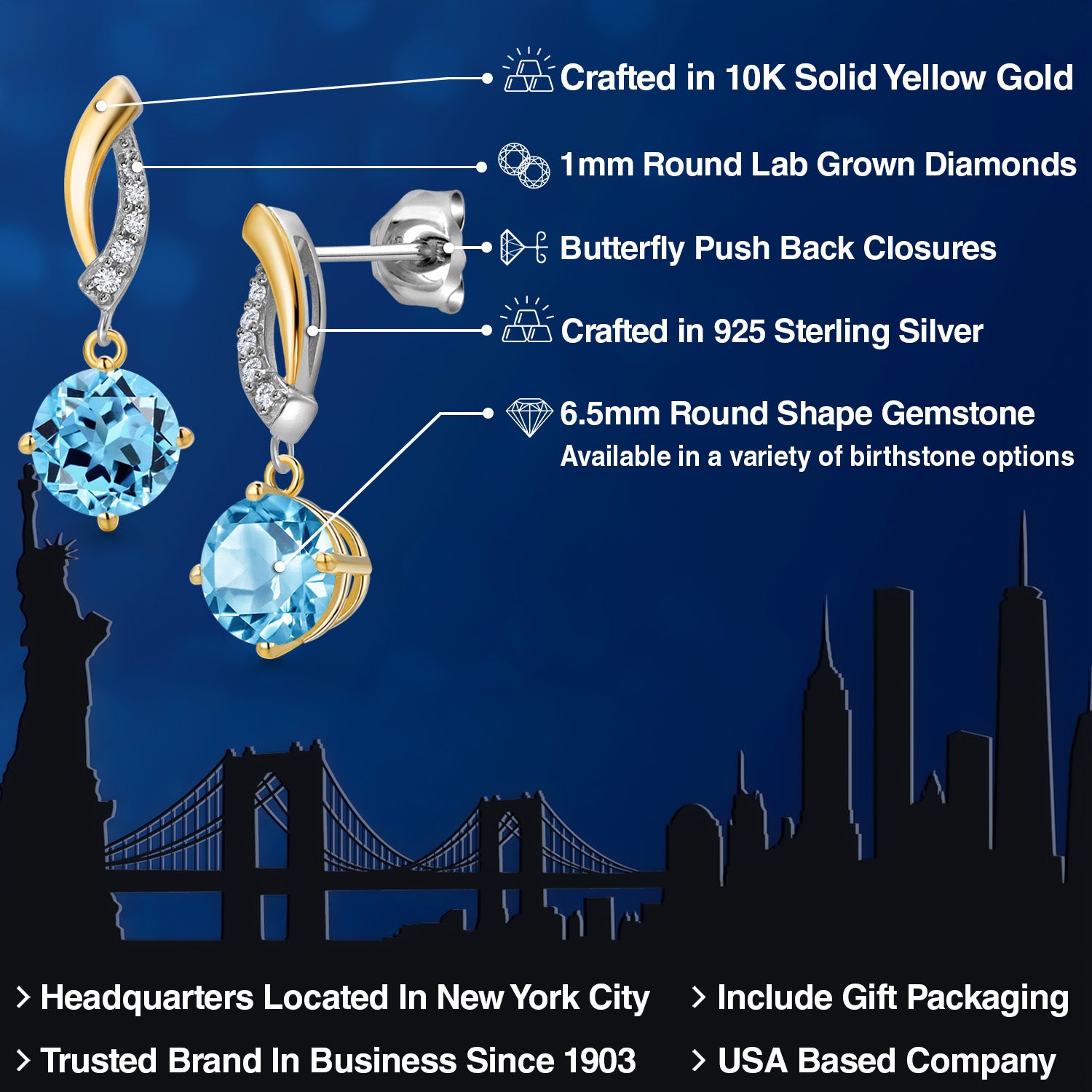 Earrings in 925 Sterling Silver and 10K Yellow Gold