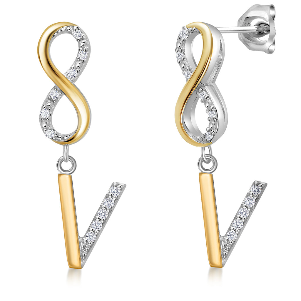 Initial V_Earrings in 925 Sterling Silver and 10K Yellow Gold