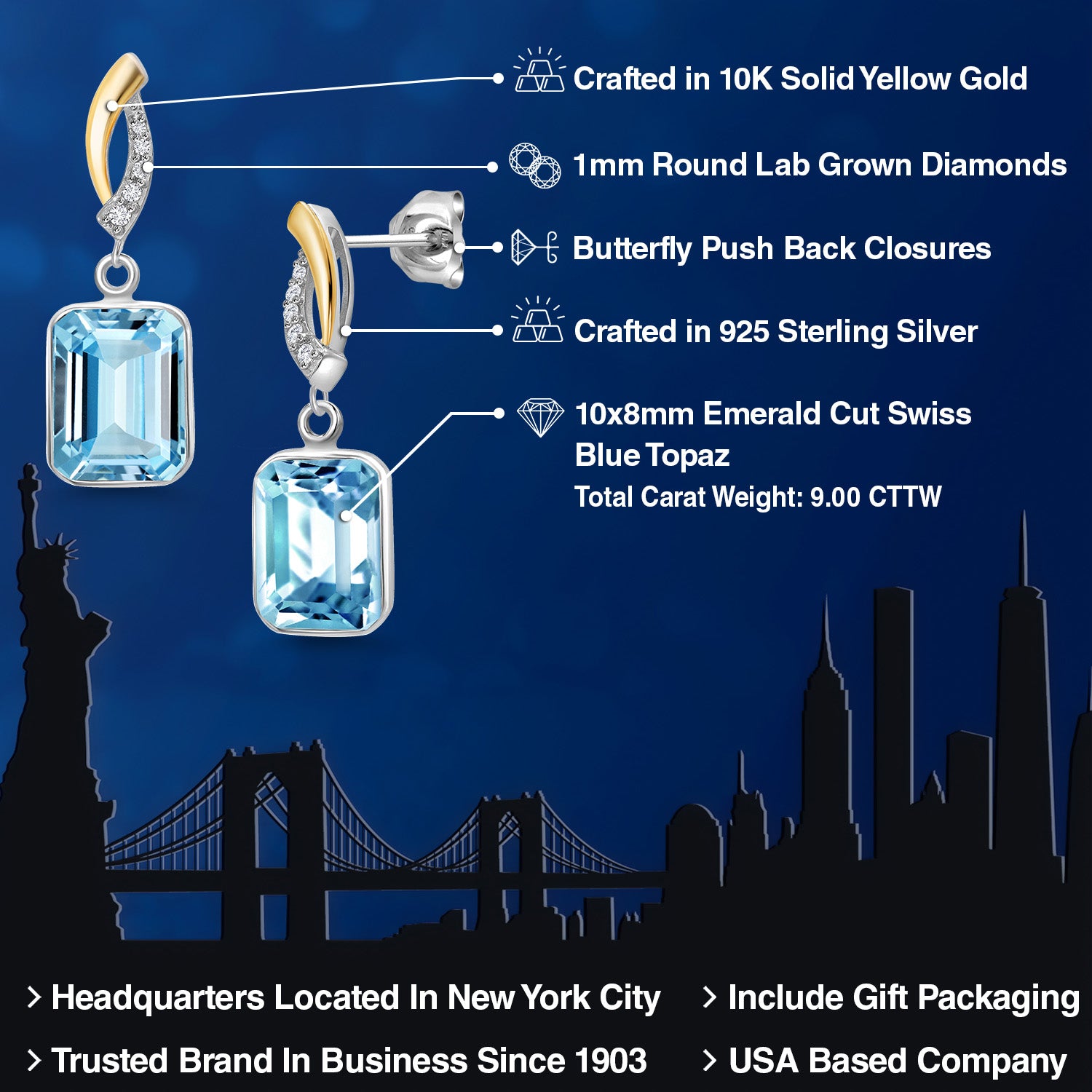 Earrings in 925 Sterling Silver and 10K Yellow Gold