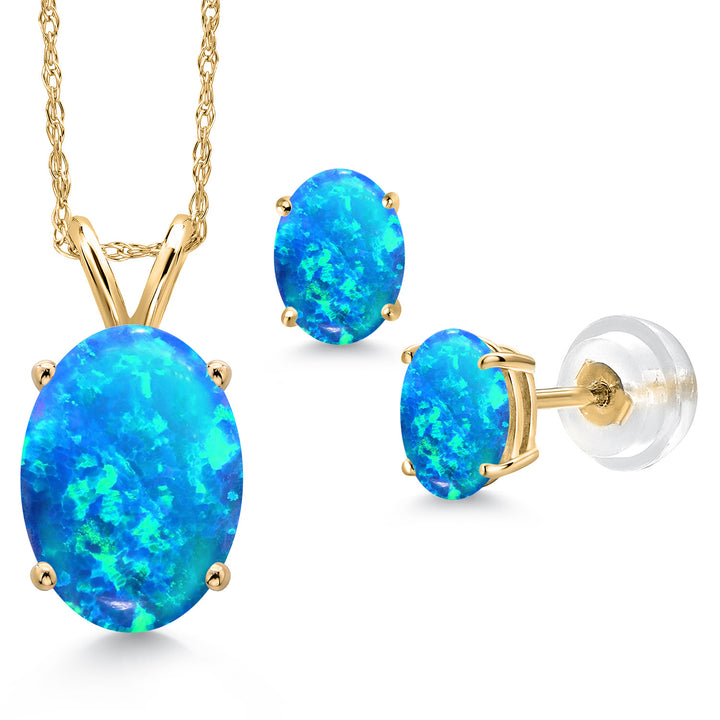 Blue Simulated Opal-Cabochon - October_Pendant Earrings Set in 14K Yellow Gold
