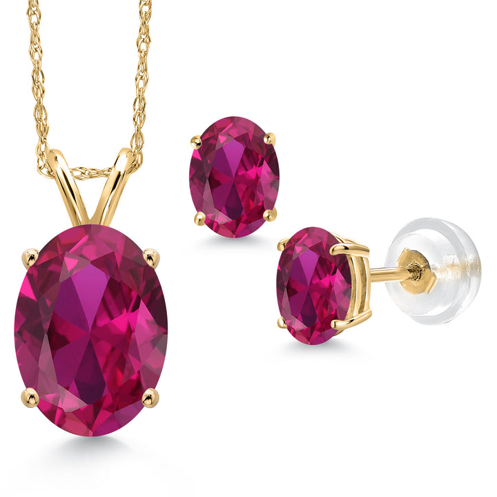 Created Ruby - July_Pendant Earrings Set in 14K Yellow Gold
