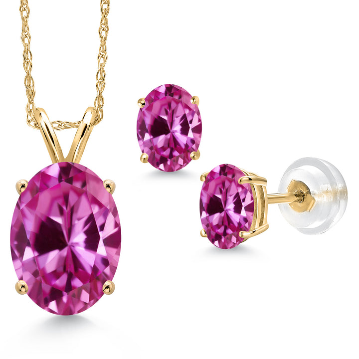 Pink Created Sapphire - September_Pendant Earrings Set in 14K Yellow Gold