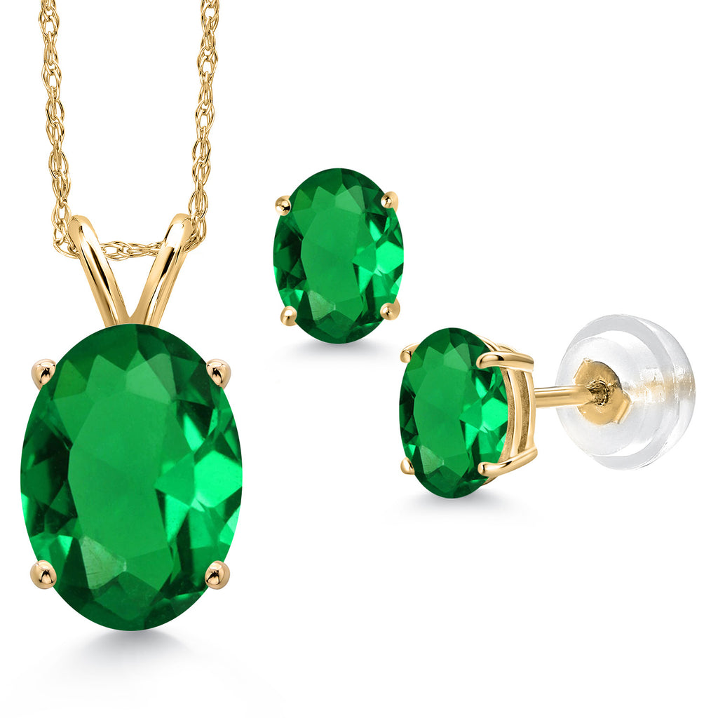 Nano Emerald - May_Pendant Earrings Set in 14K Yellow Gold
