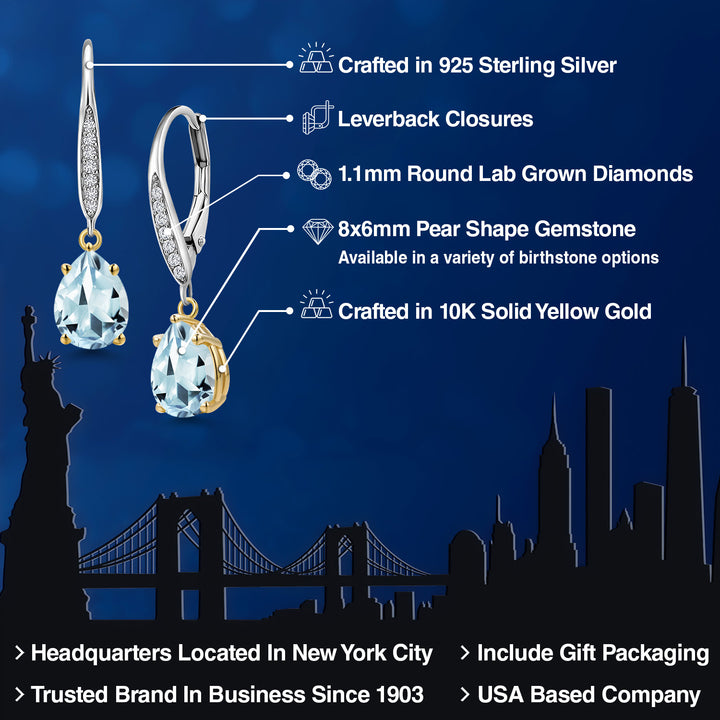 Sky Blue and E - F_Earrings in 925 Sterling Silver and 10K Yellow Gold