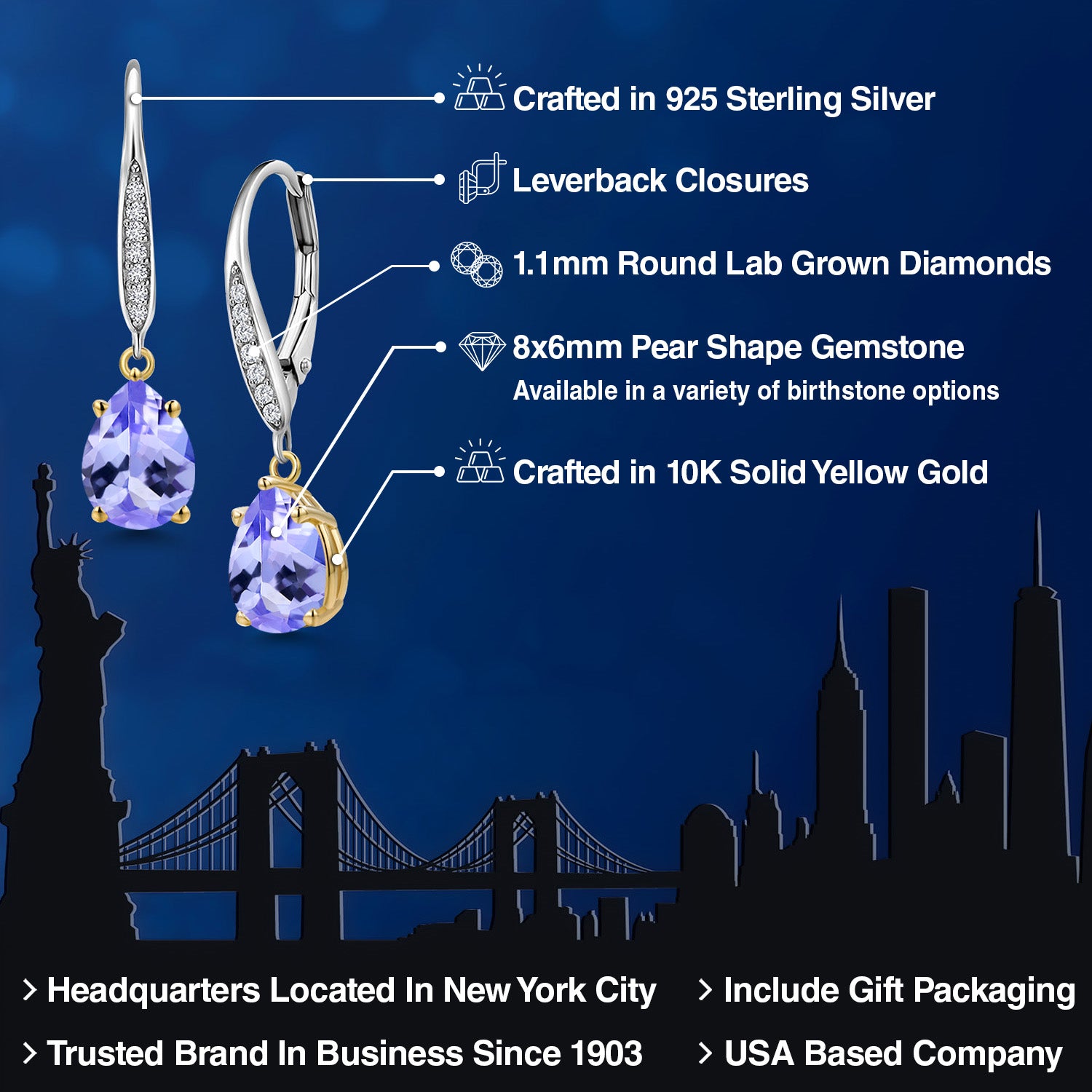 Earrings in 925 Sterling Silver and 10K Yellow Gold