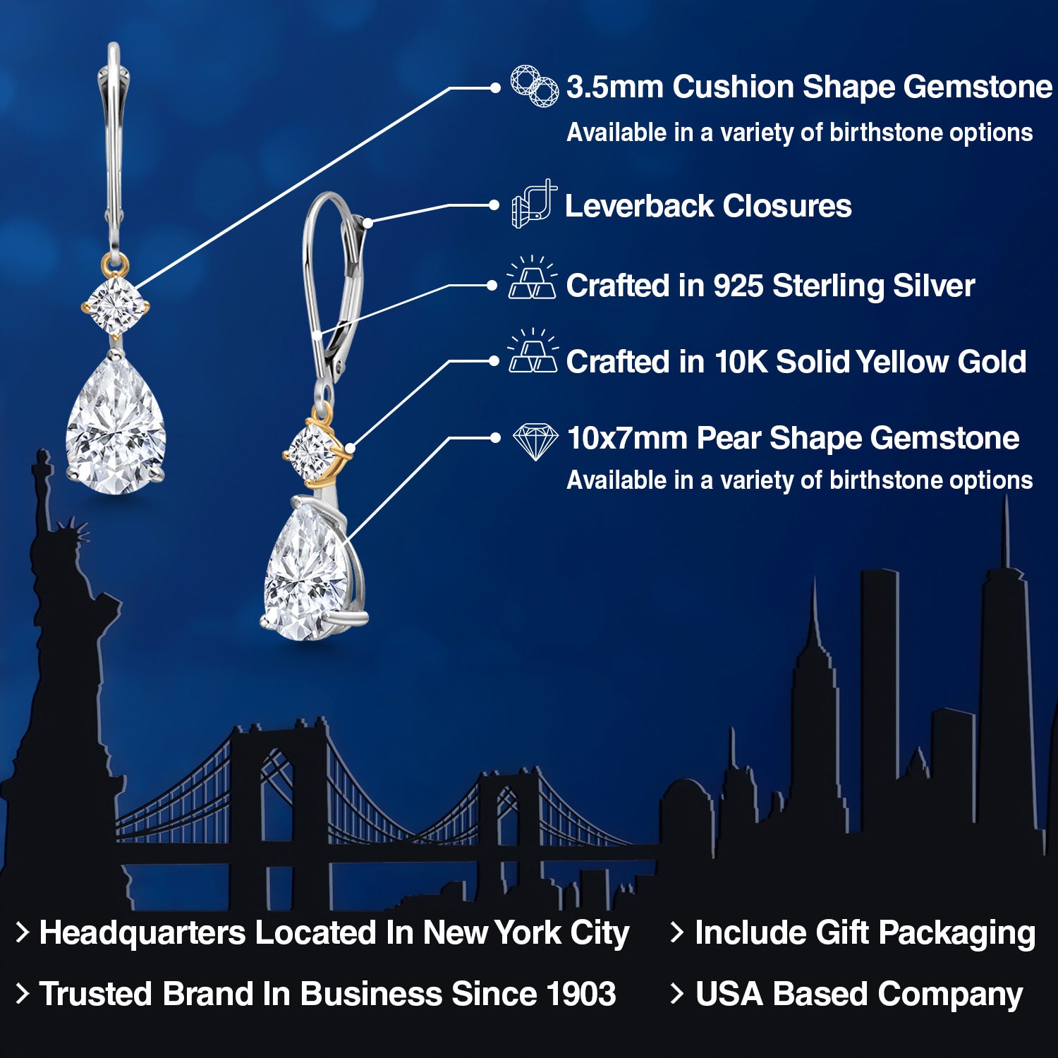Earrings in 925 Sterling Silver and 10K Yellow Gold