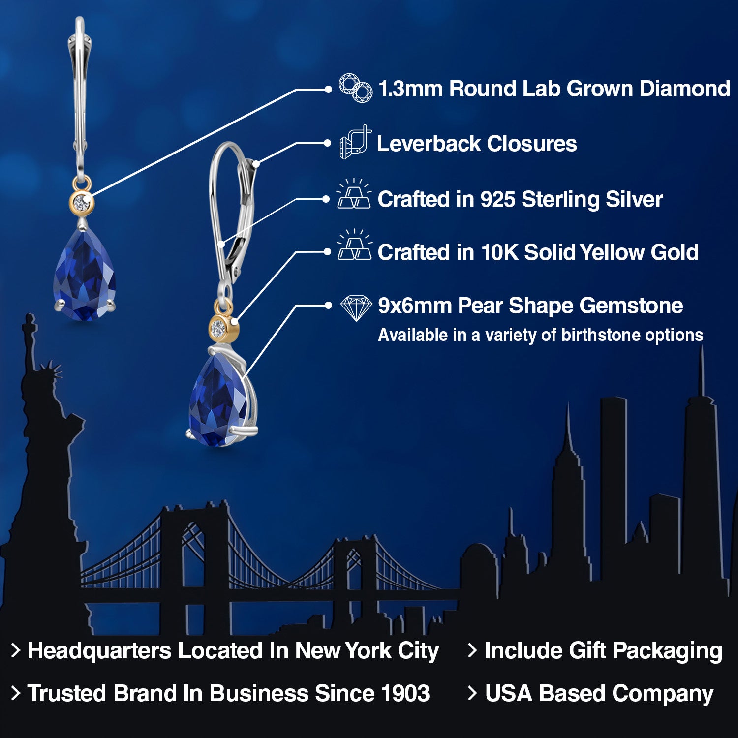 Earrings in 925 Sterling Silver and 10K Yellow Gold