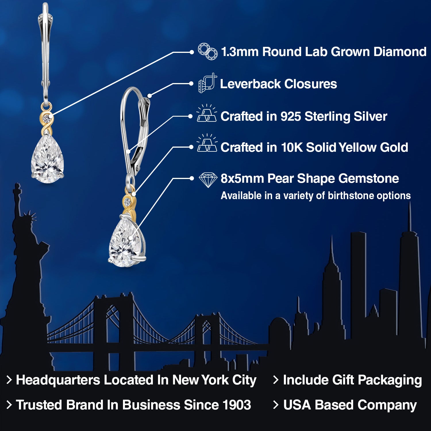Earrings in 925 Sterling Silver and 10K Yellow Gold