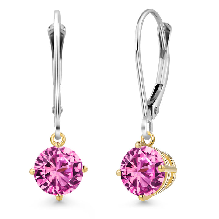 Pink Created Sapphire - September_Earrings in 925 Sterling Silver and 10K Yellow Gold
