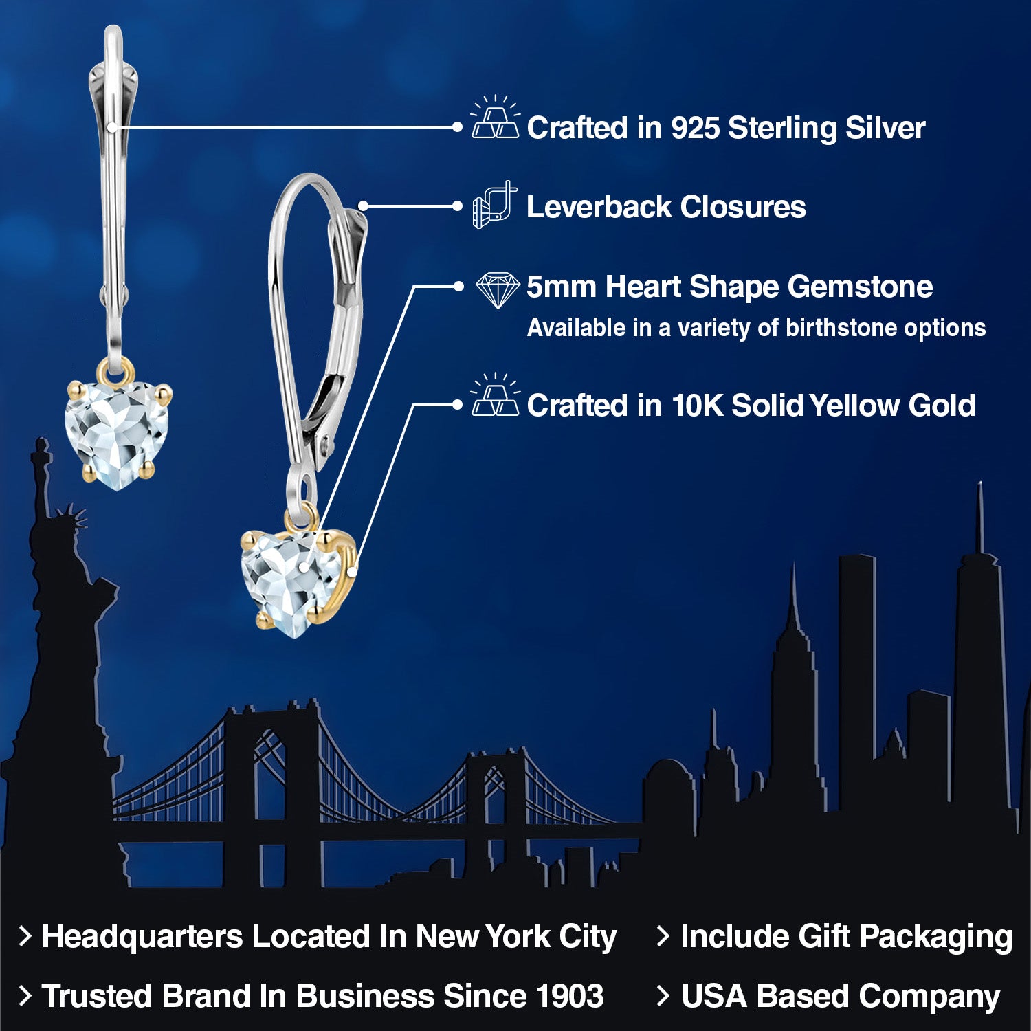 Earrings in 925 Sterling Silver and 10K Yellow Gold