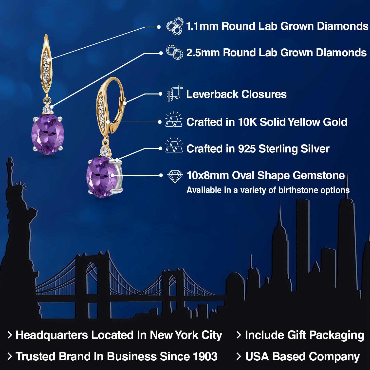 Earrings in 925 Sterling Silver and 10K Yellow Gold