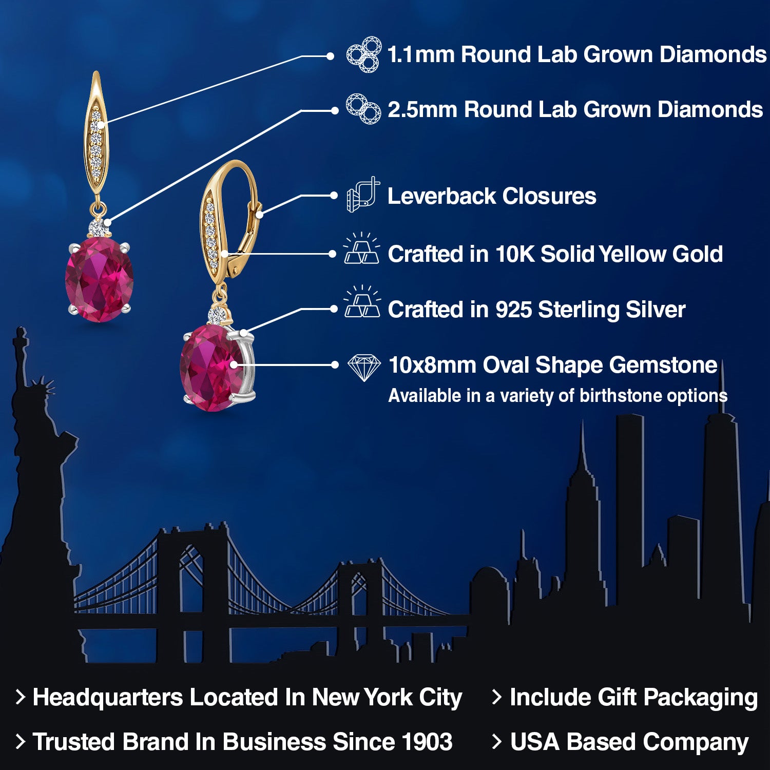 Earrings in 925 Sterling Silver and 10K Yellow Gold