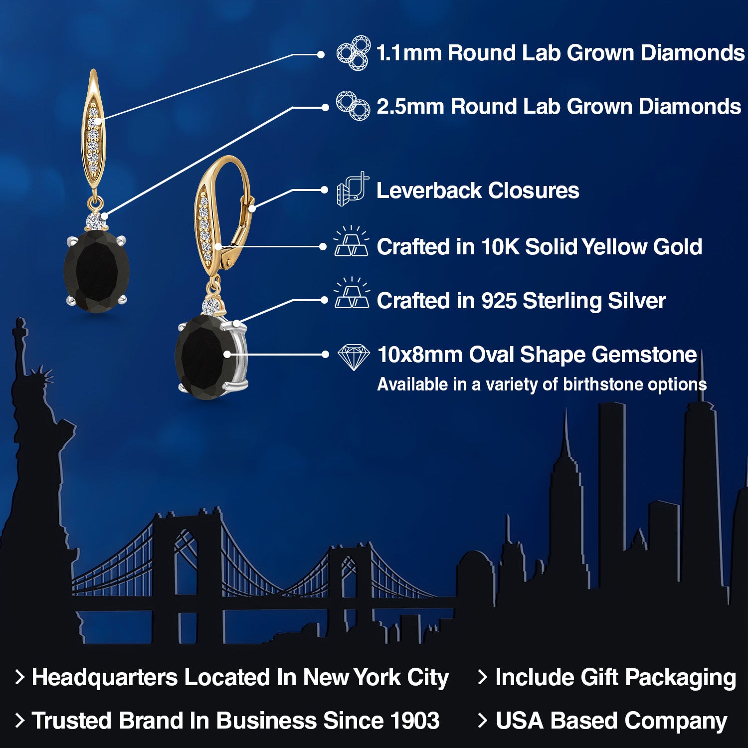 Earrings in 925 Sterling Silver and 10K Yellow Gold