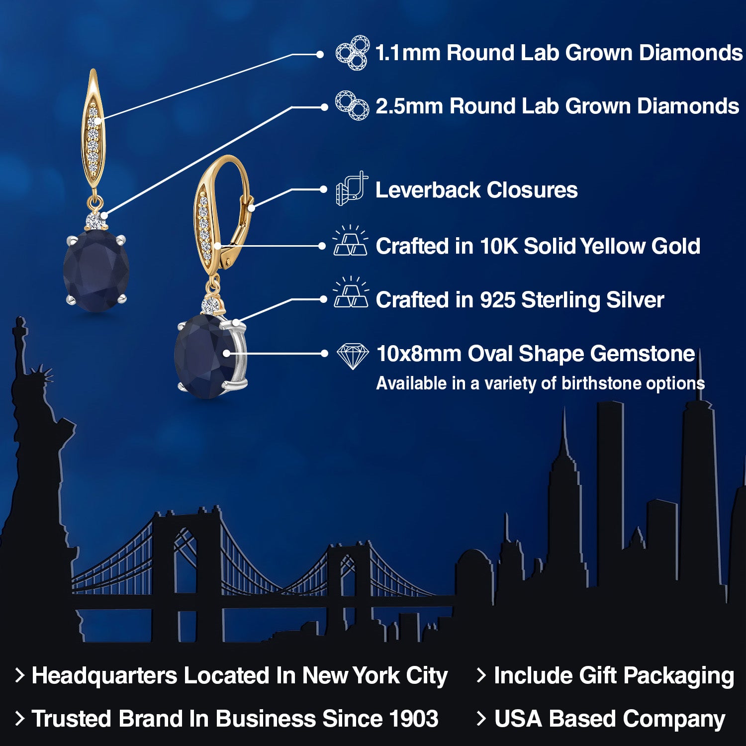 Earrings in 925 Sterling Silver and 10K Yellow Gold