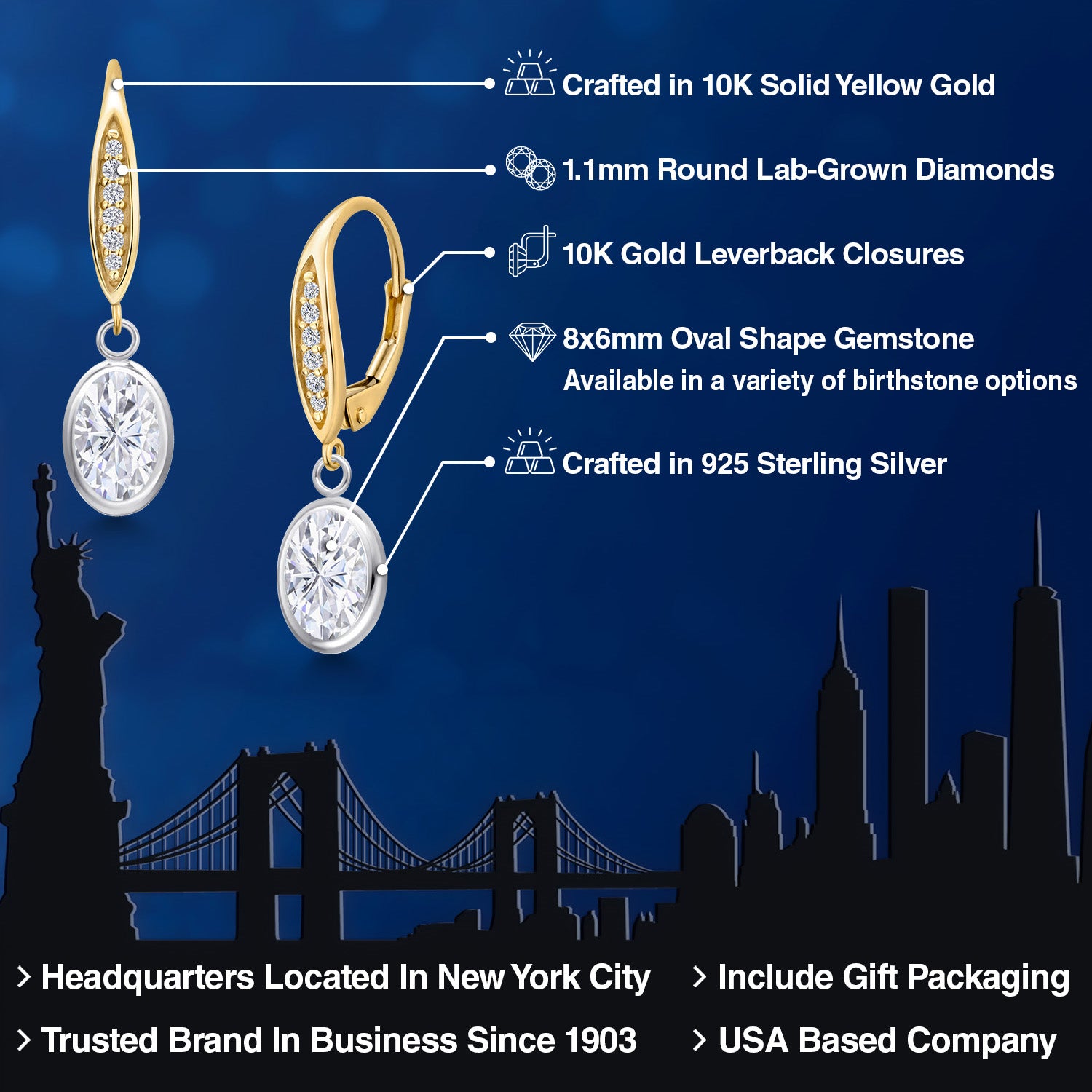 Earrings in 925 Sterling Silver and 10K Yellow Gold
