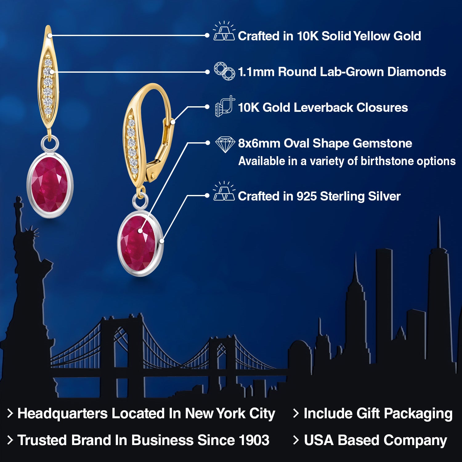 Earrings in 925 Sterling Silver and 10K Yellow Gold