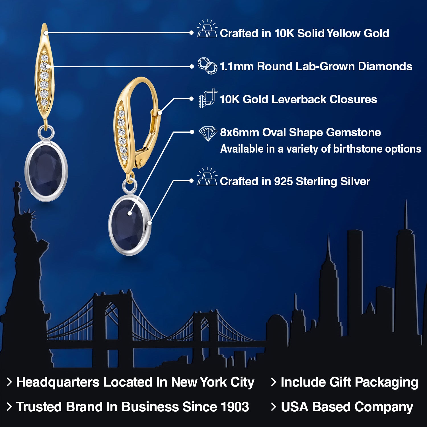 Earrings in 925 Sterling Silver and 10K Yellow Gold