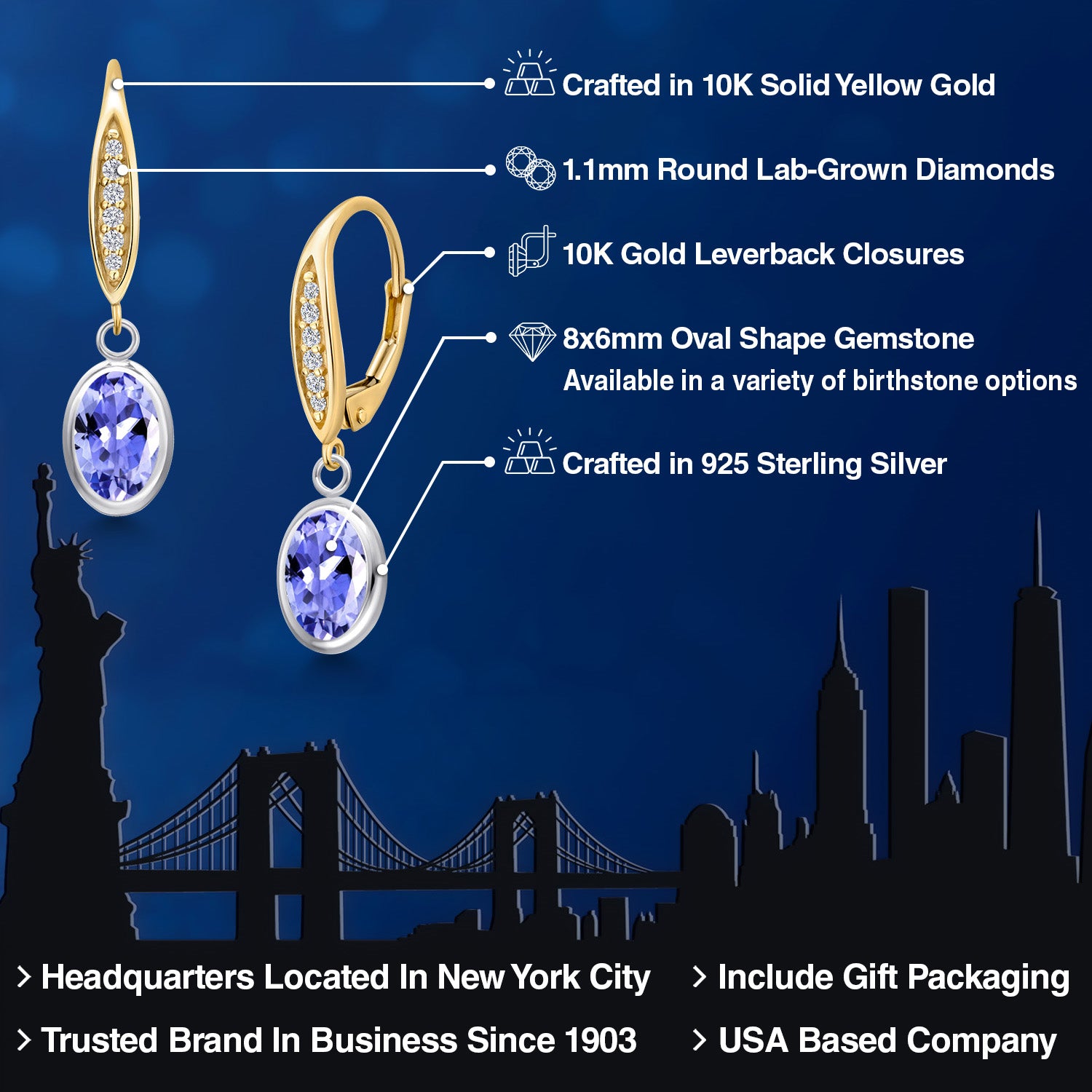 Earrings in 925 Sterling Silver and 10K Yellow Gold