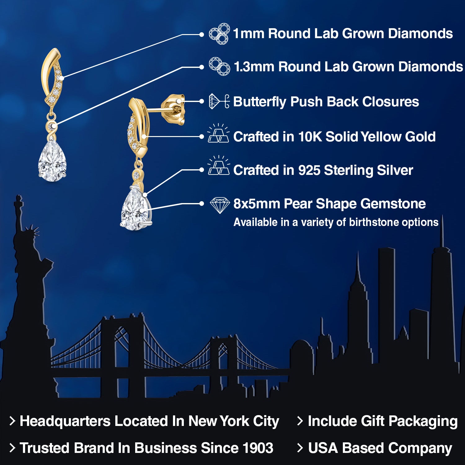 Earrings in 925 Sterling Silver and 10K Yellow Gold