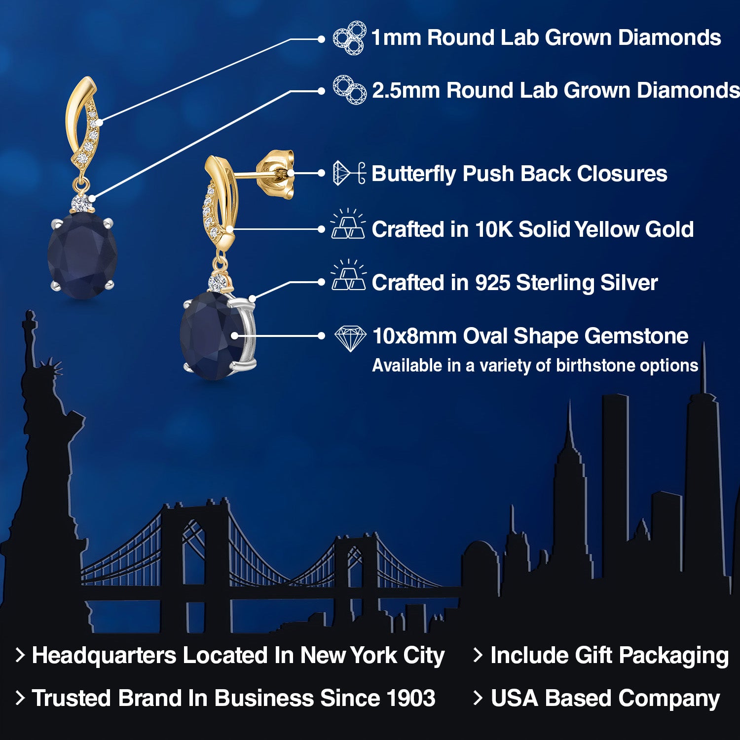 Earrings in 925 Sterling Silver and 10K Yellow Gold