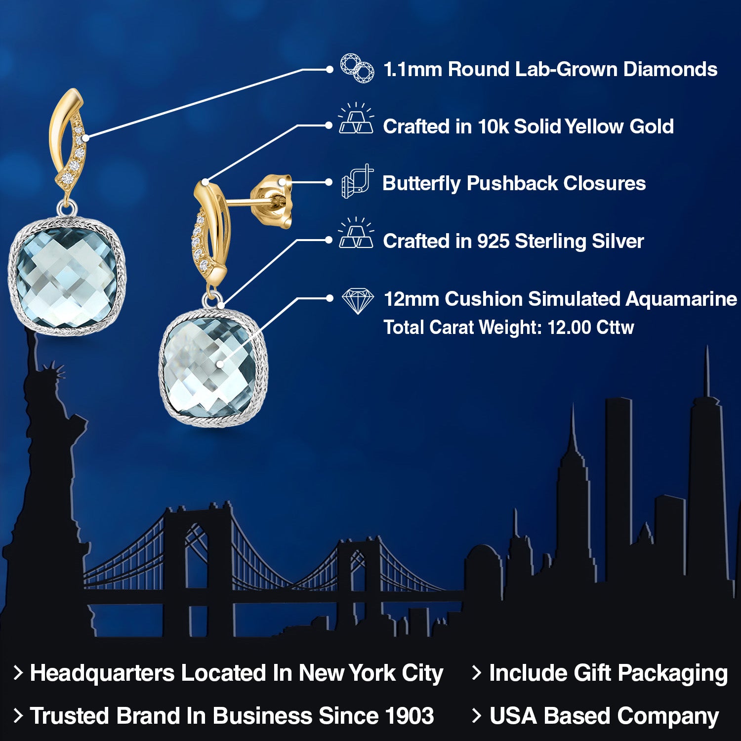 Earrings in 925 Sterling Silver and 10K Yellow Gold