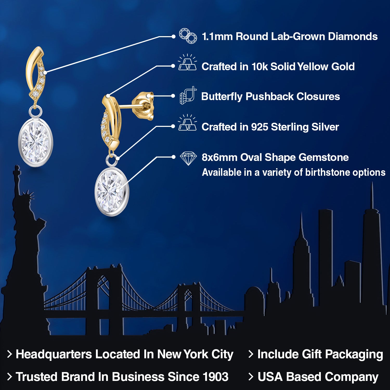 Earrings in 925 Sterling Silver and 10K Yellow Gold