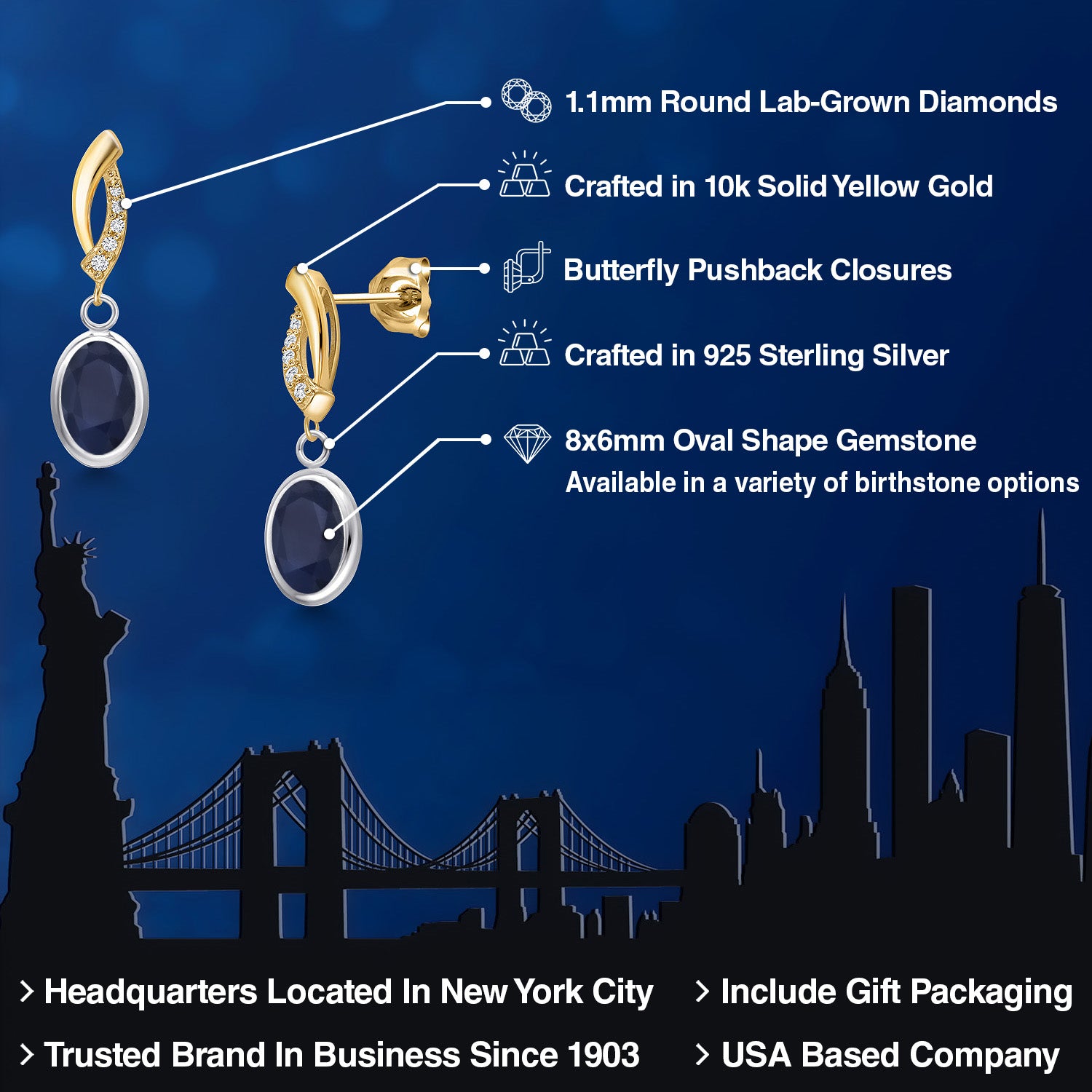 Earrings in 925 Sterling Silver and 10K Yellow Gold