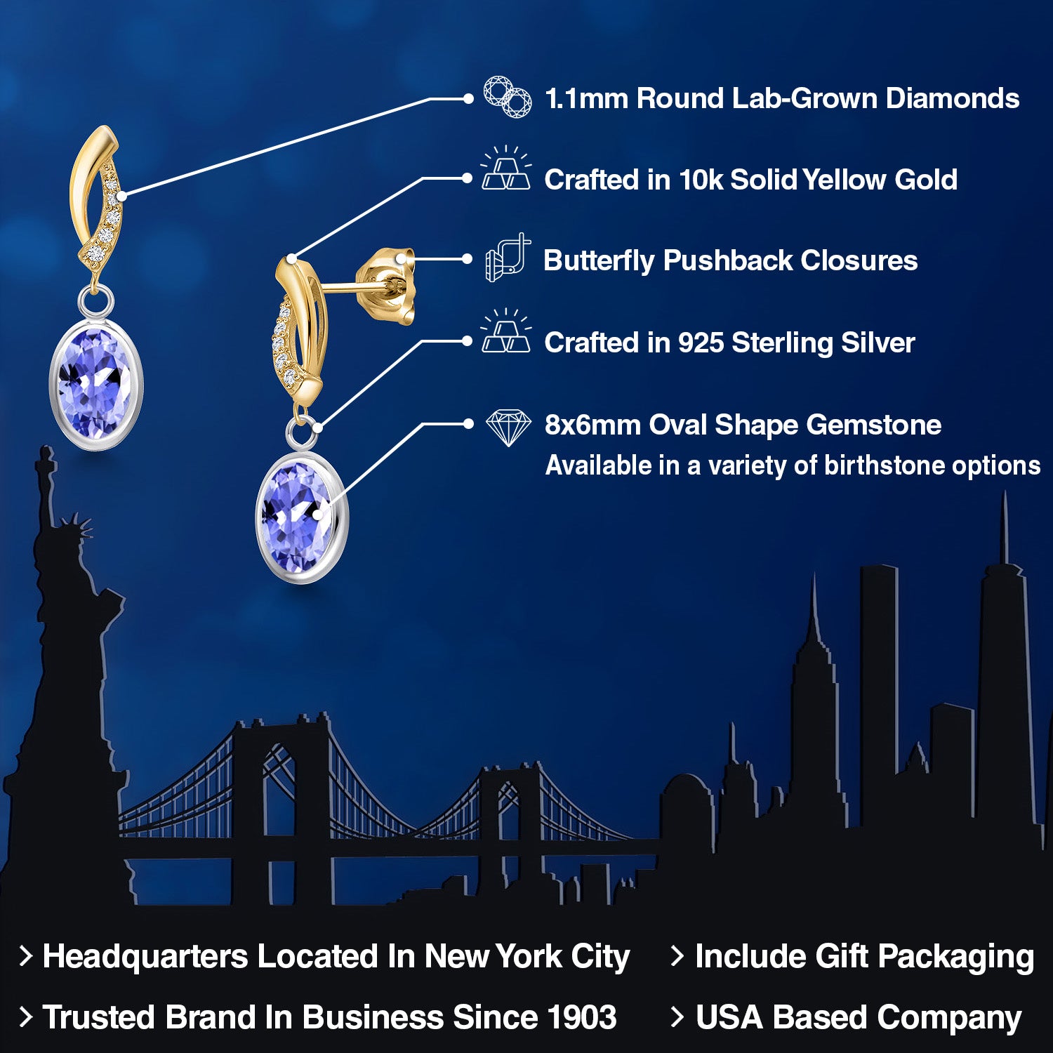 Earrings in 925 Sterling Silver and 10K Yellow Gold