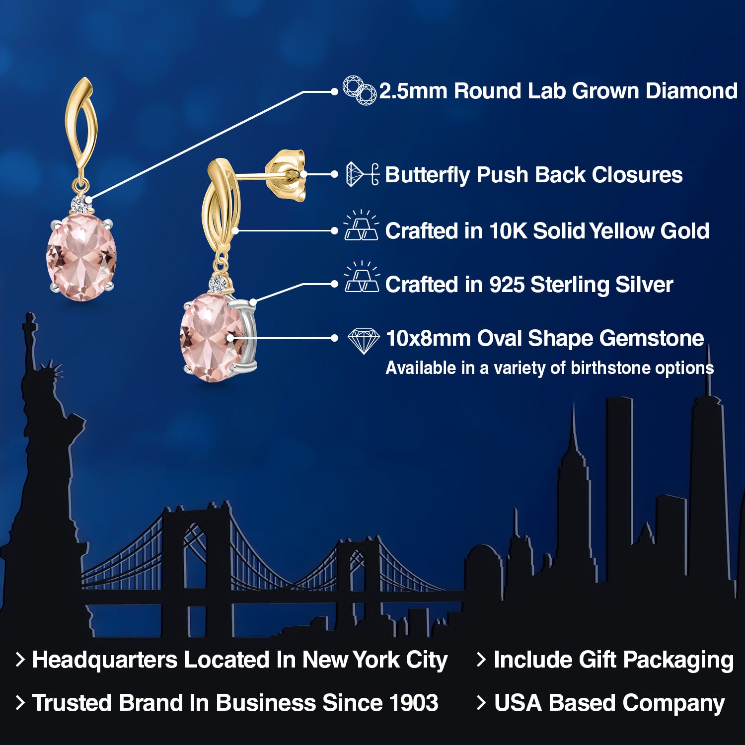Earrings in 925 Sterling Silver and 10K Yellow Gold