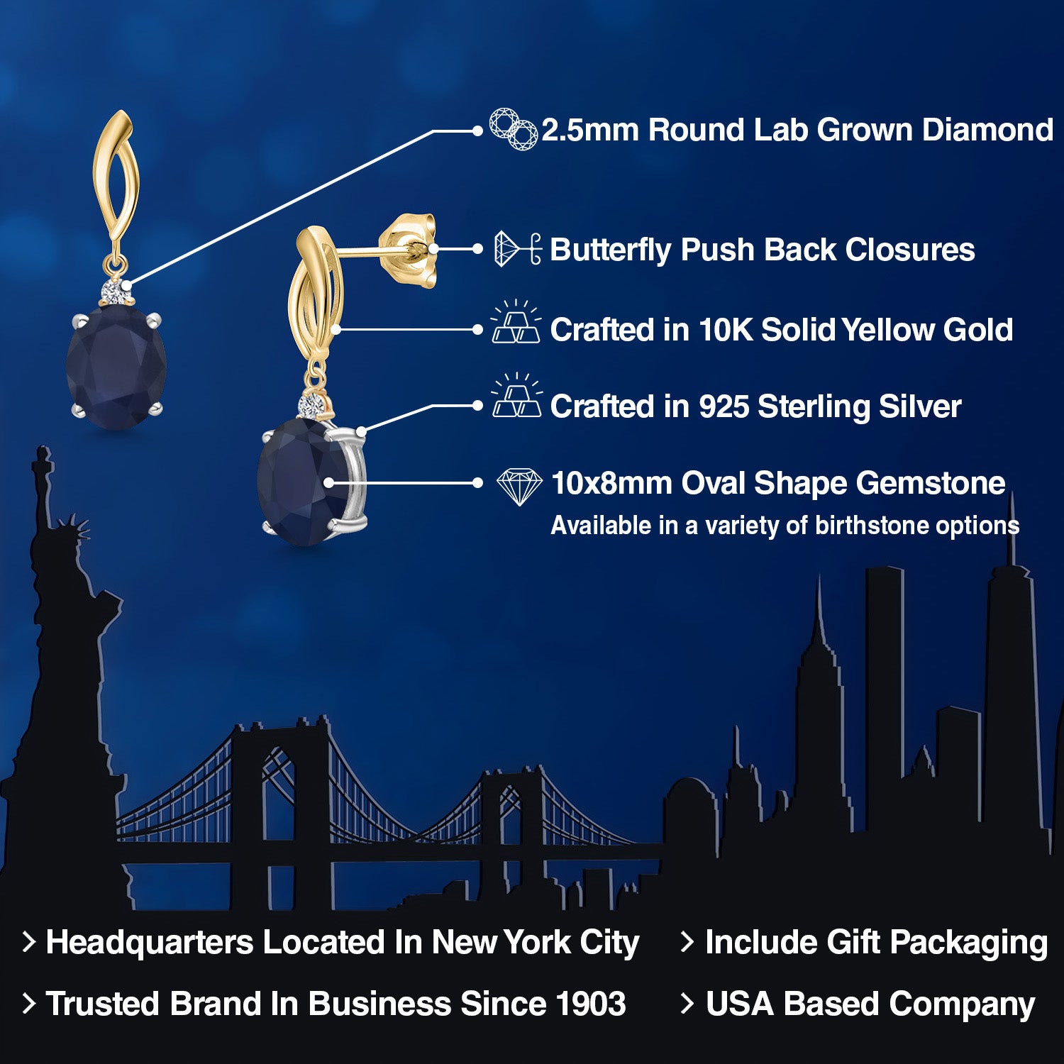 Earrings in 925 Sterling Silver and 10K Yellow Gold