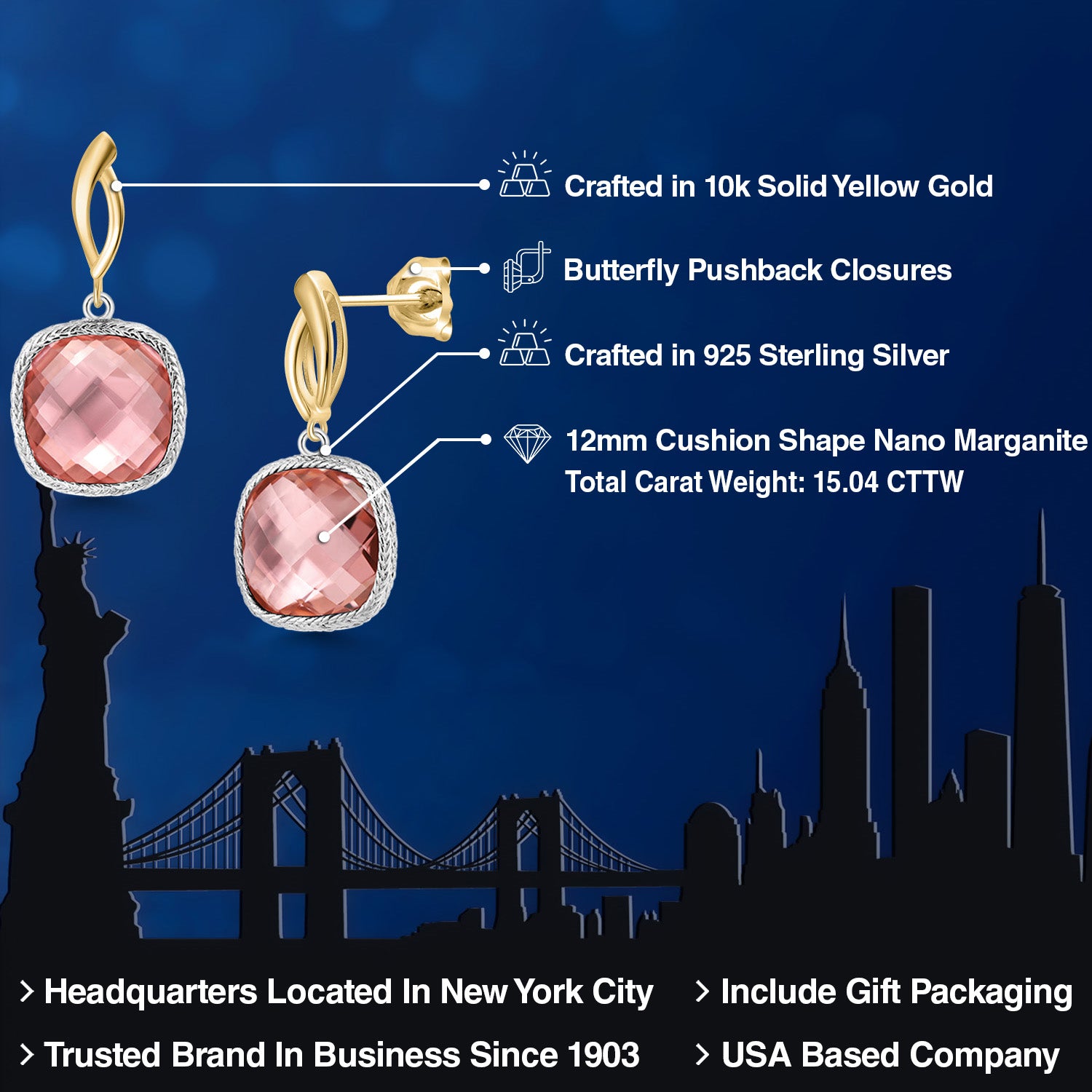 Earrings in 925 Sterling Silver and 10K Yellow Gold
