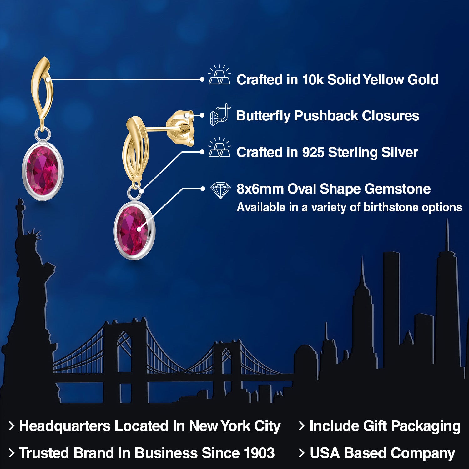 Earrings in 925 Sterling Silver and 10K Yellow Gold