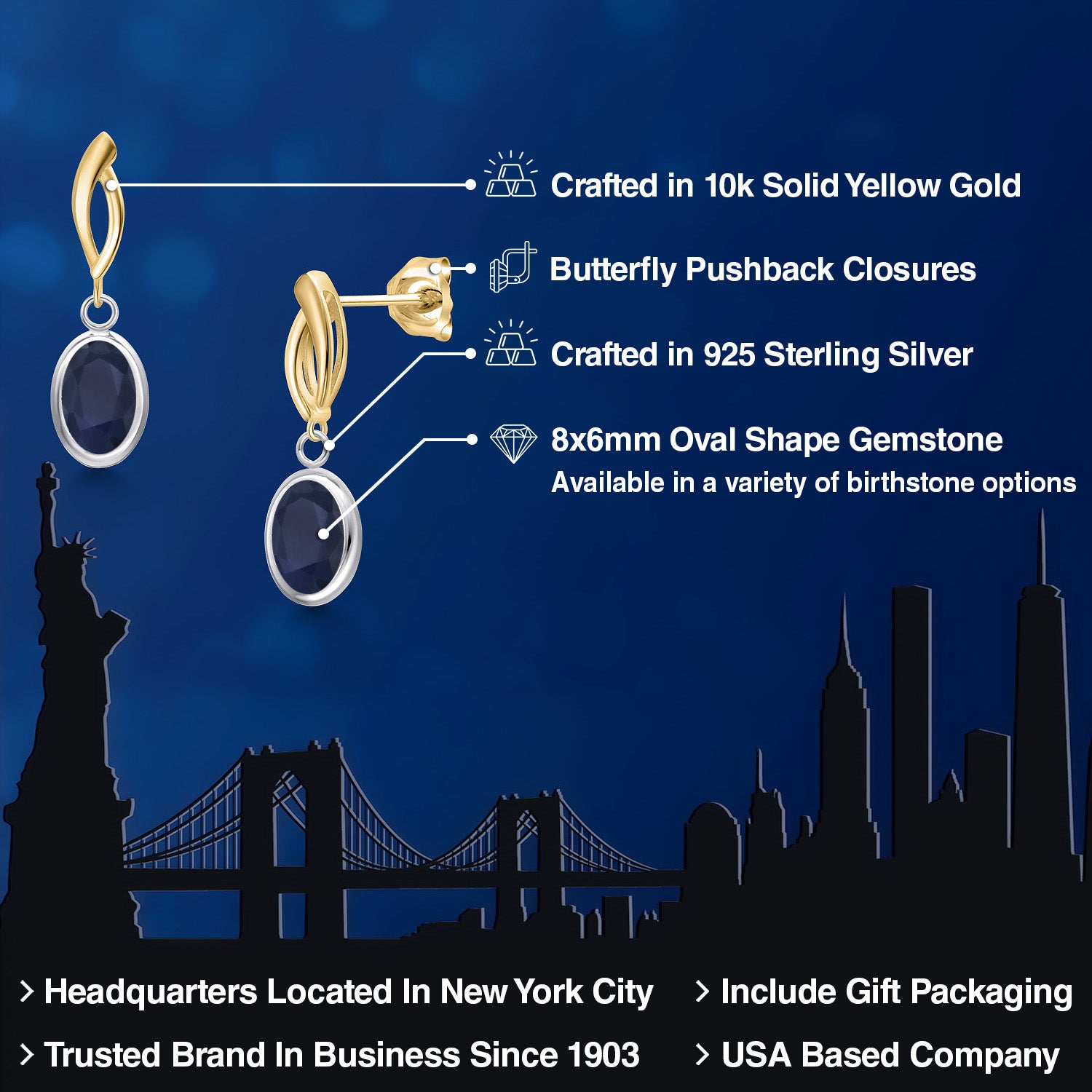 Earrings in 925 Sterling Silver and 10K Yellow Gold