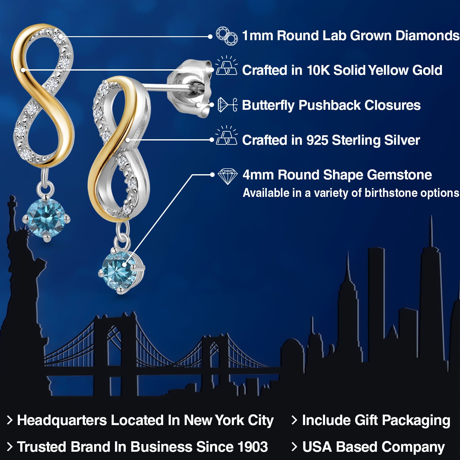 Earrings in 925 Sterling Silver and 10K Yellow Gold