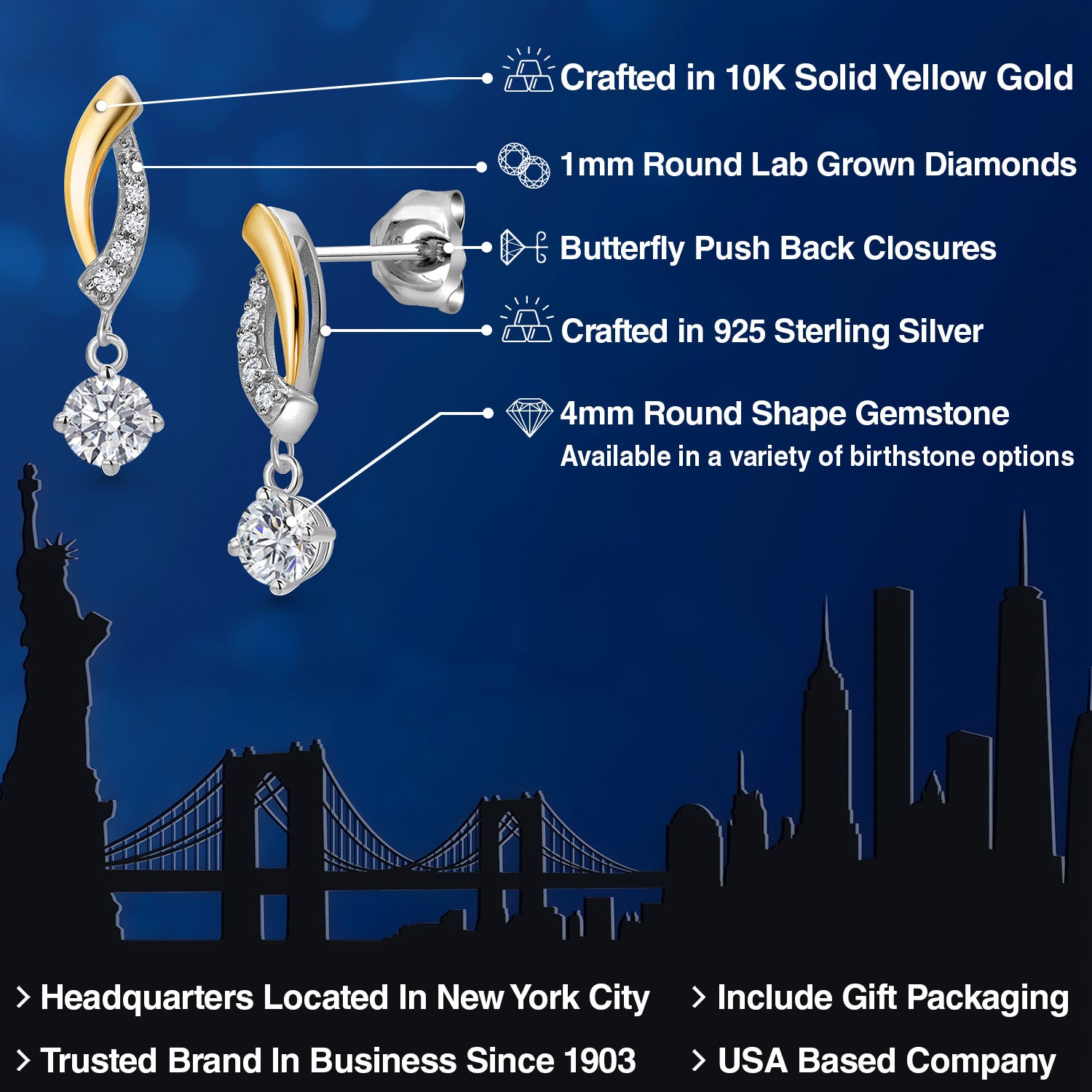 Earrings in 925 Sterling Silver and 10K Yellow Gold