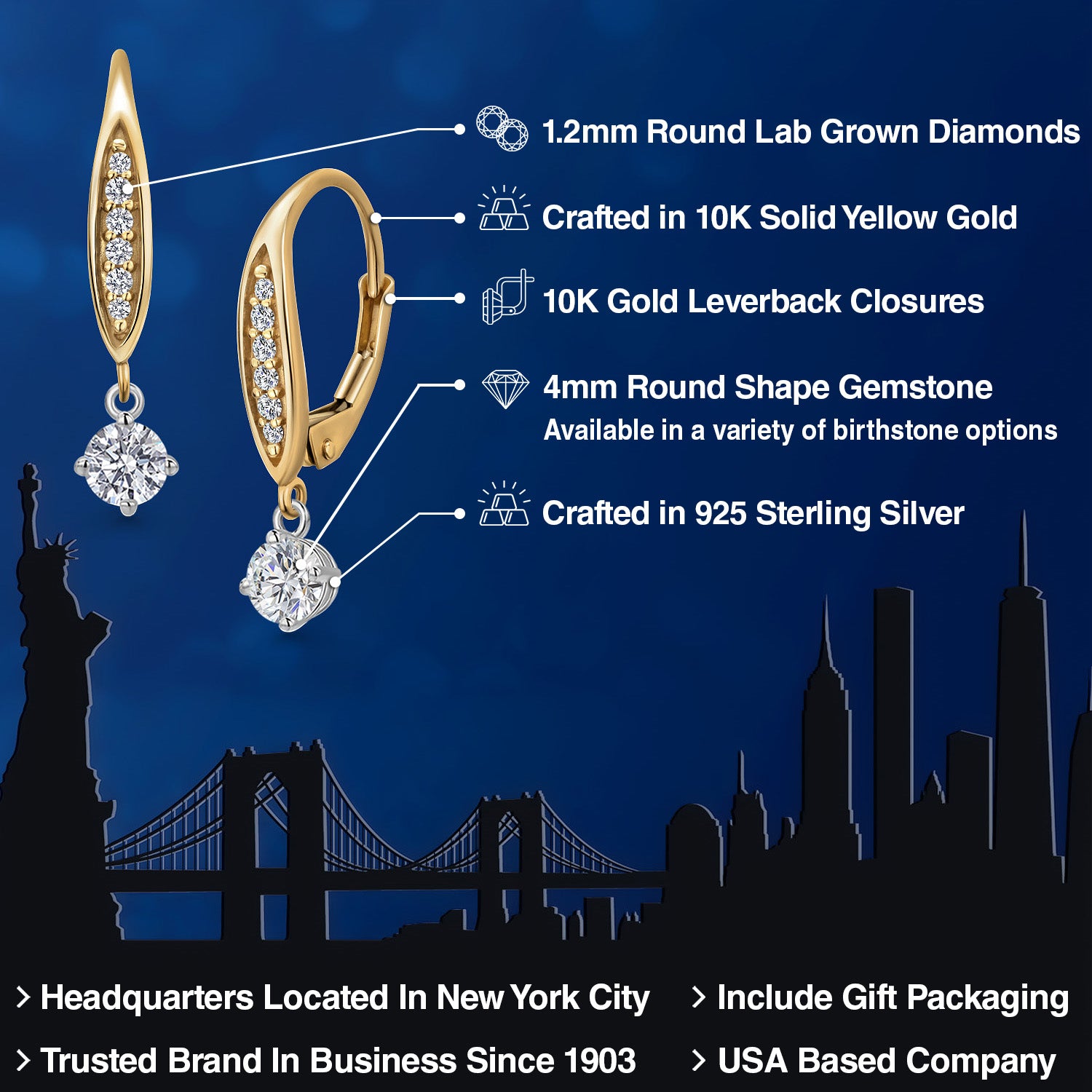 Earrings in 925 Sterling Silver and 10K Yellow Gold