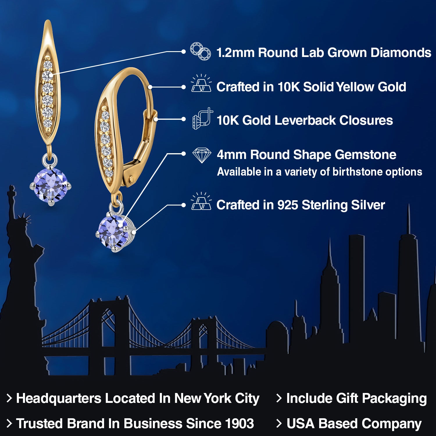 Earrings in 925 Sterling Silver and 10K Yellow Gold