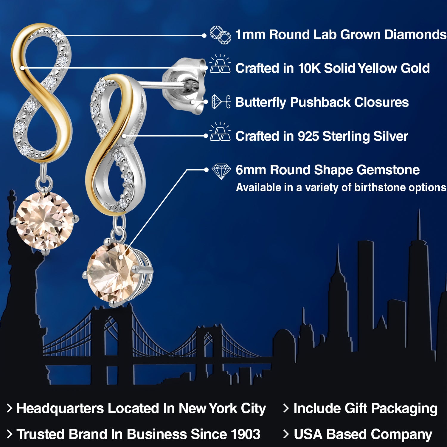 Earrings in 925 Sterling Silver and 10K Yellow Gold