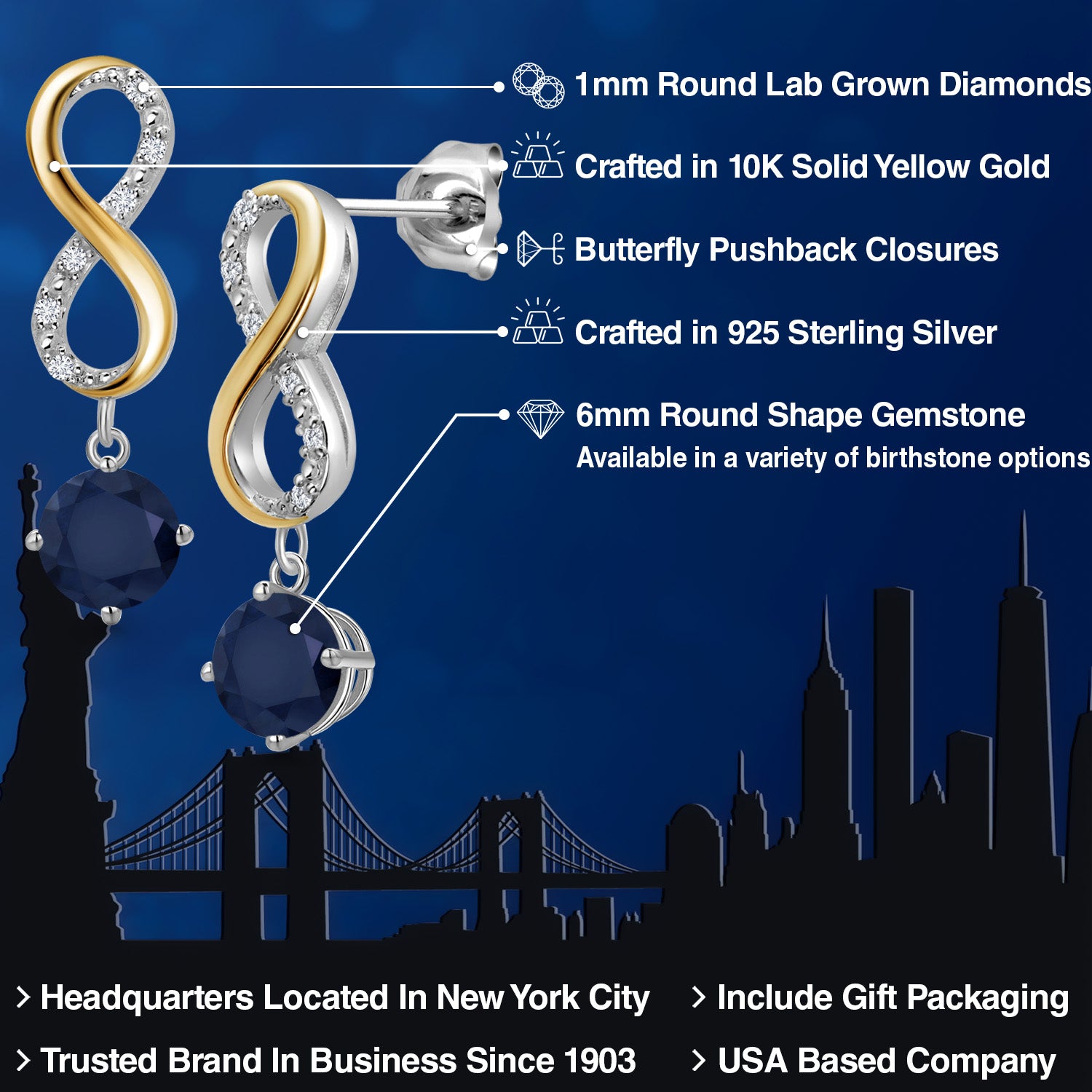 Earrings in 925 Sterling Silver and 10K Yellow Gold