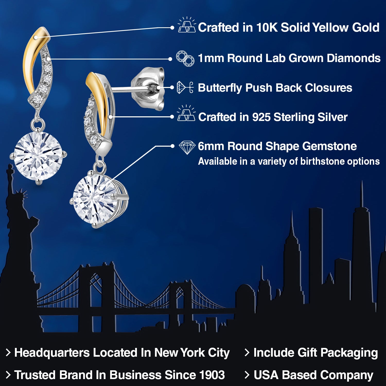 Earrings in 925 Sterling Silver and 10K Yellow Gold