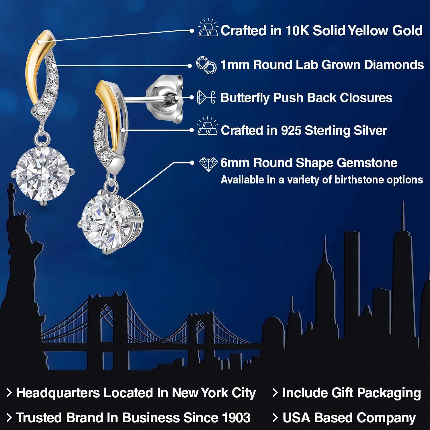 Earrings in 925 Sterling Silver and 10K Yellow Gold