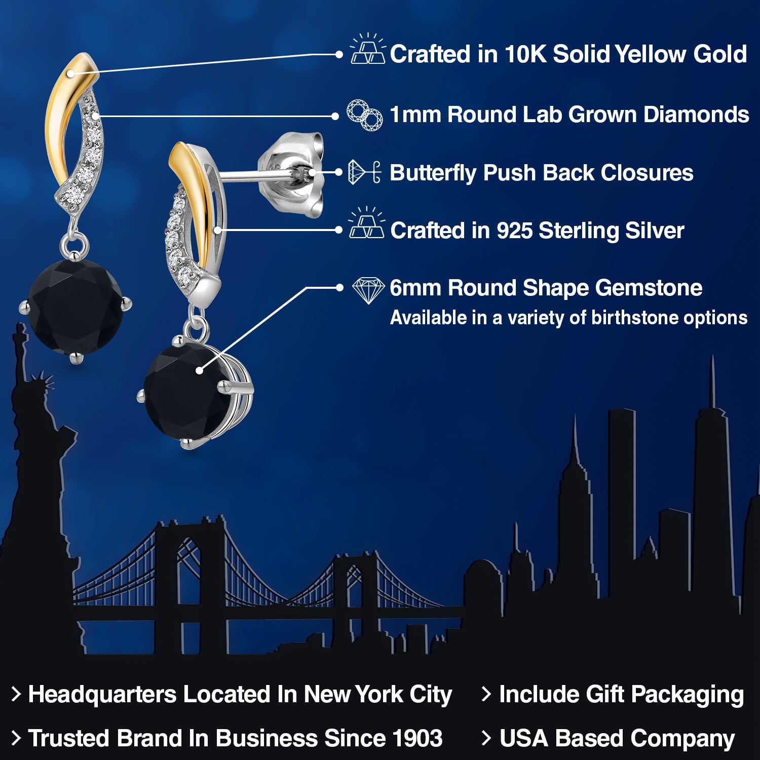 Earrings in 925 Sterling Silver and 10K Yellow Gold