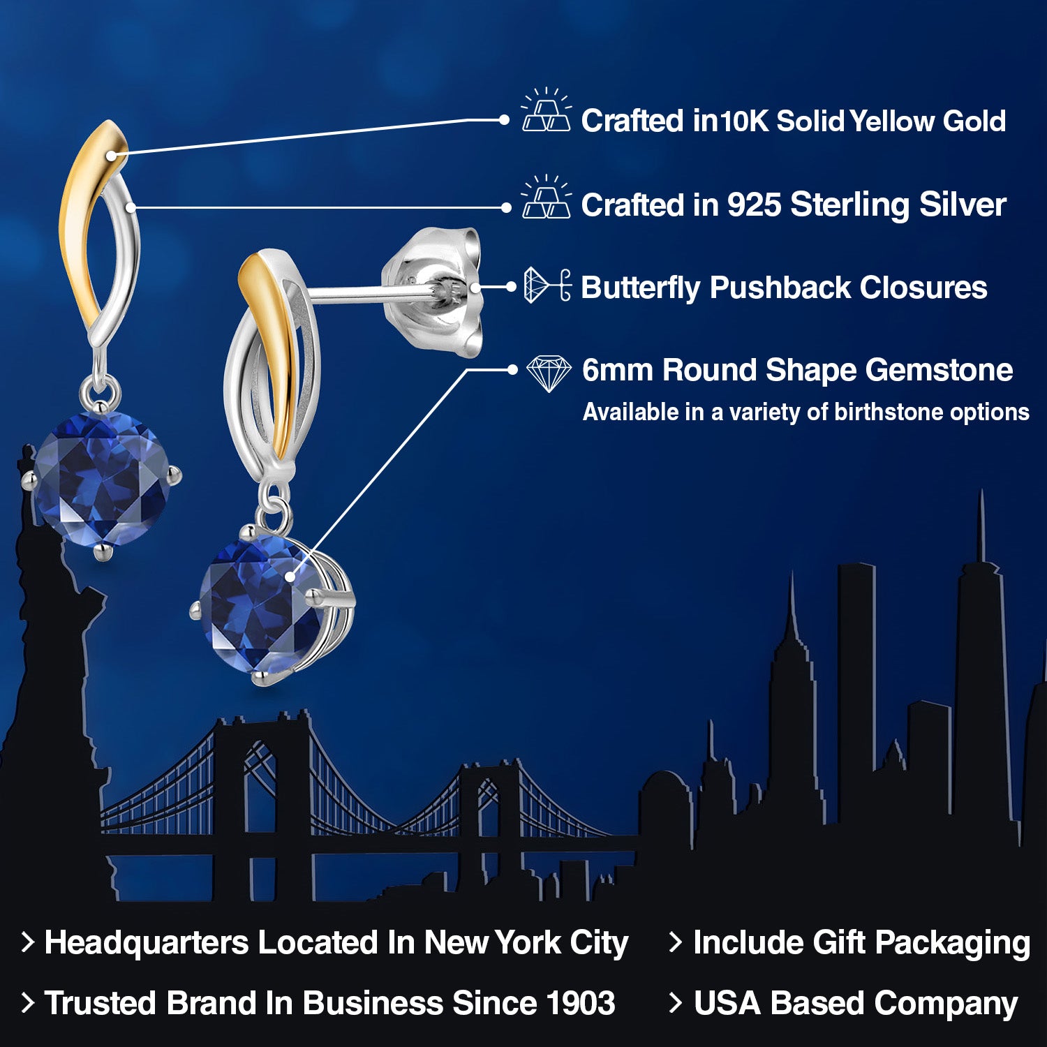 Earrings in 925 Sterling Silver and 10K Yellow Gold