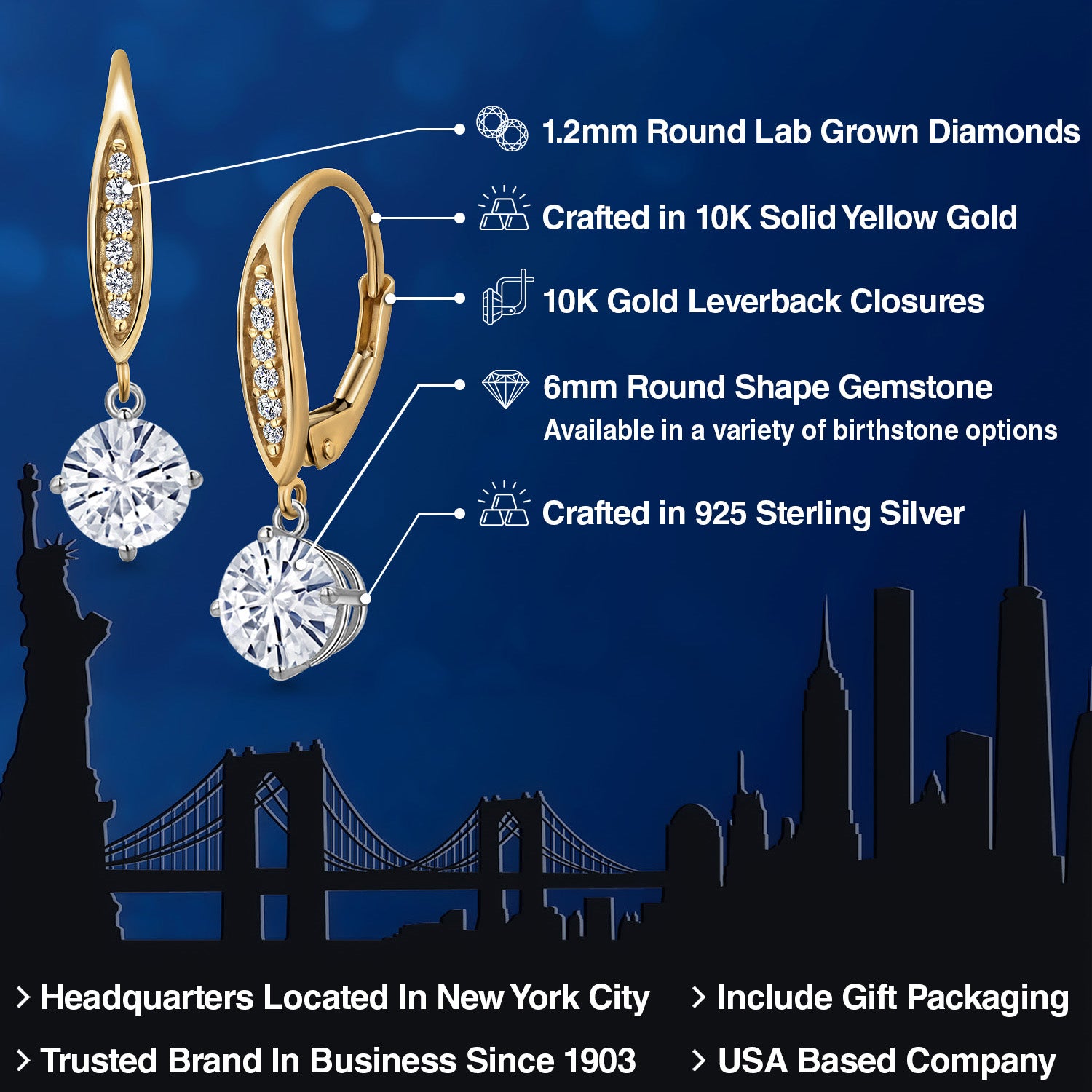 Earrings in 925 Sterling Silver and 10K Yellow Gold