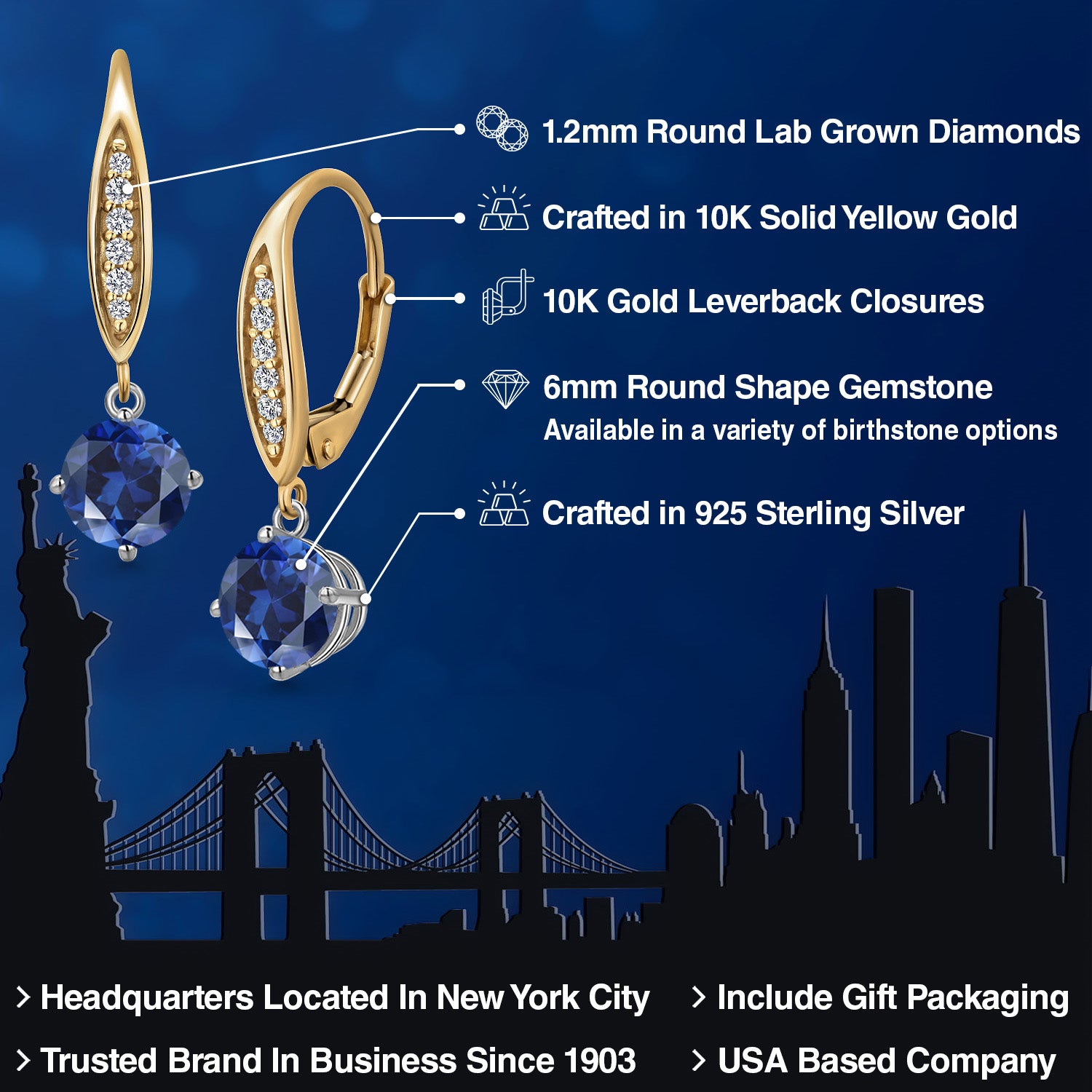 Earrings in 925 Sterling Silver and 10K Yellow Gold