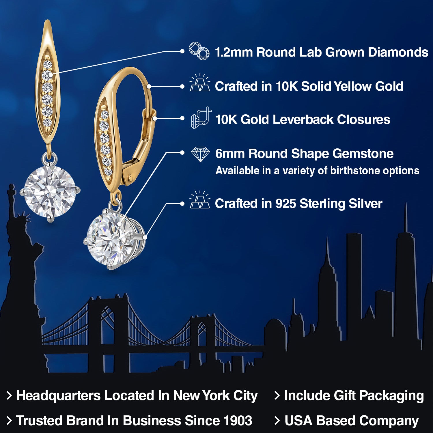Earrings in 925 Sterling Silver and 10K Yellow Gold