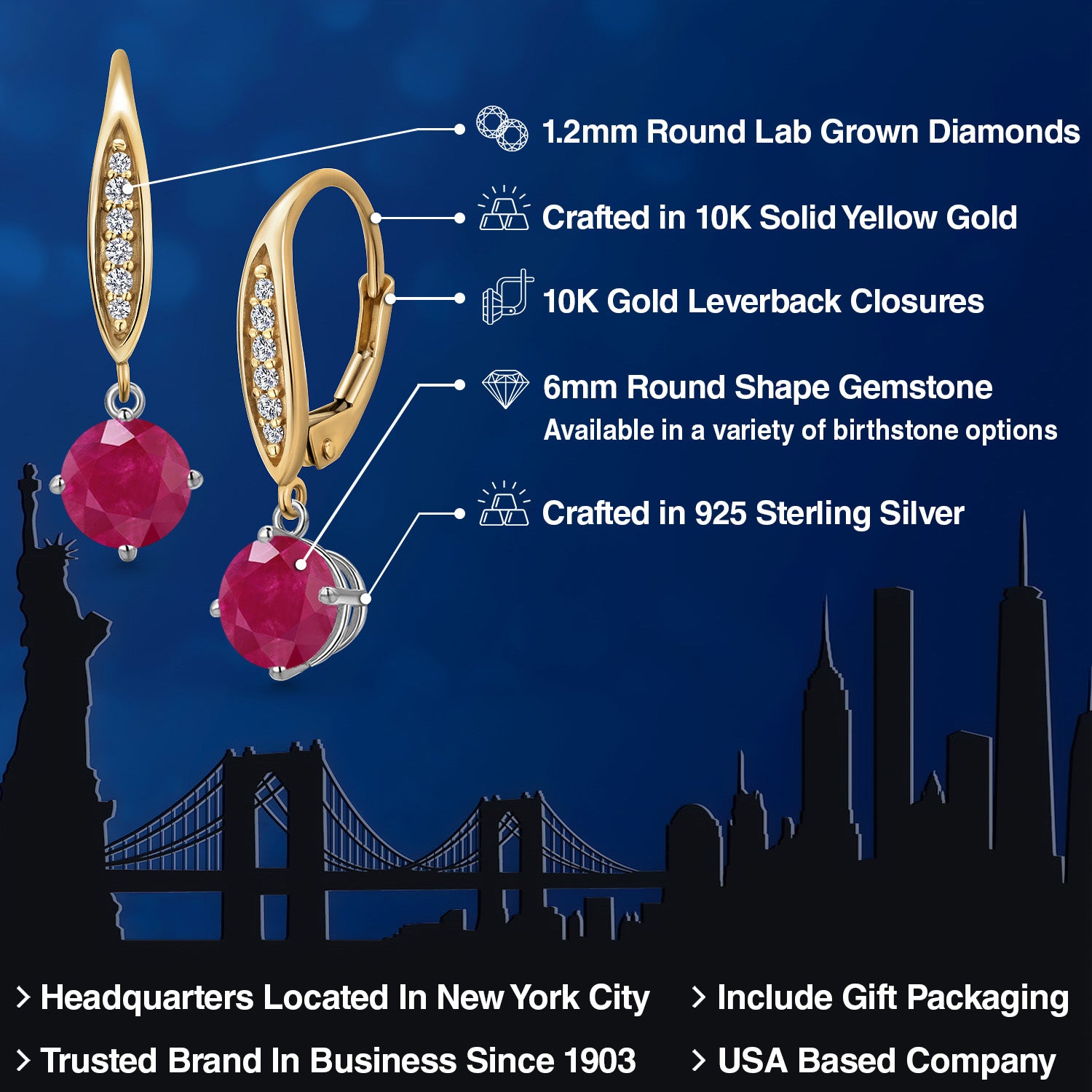 Earrings in 925 Sterling Silver and 10K Yellow Gold
