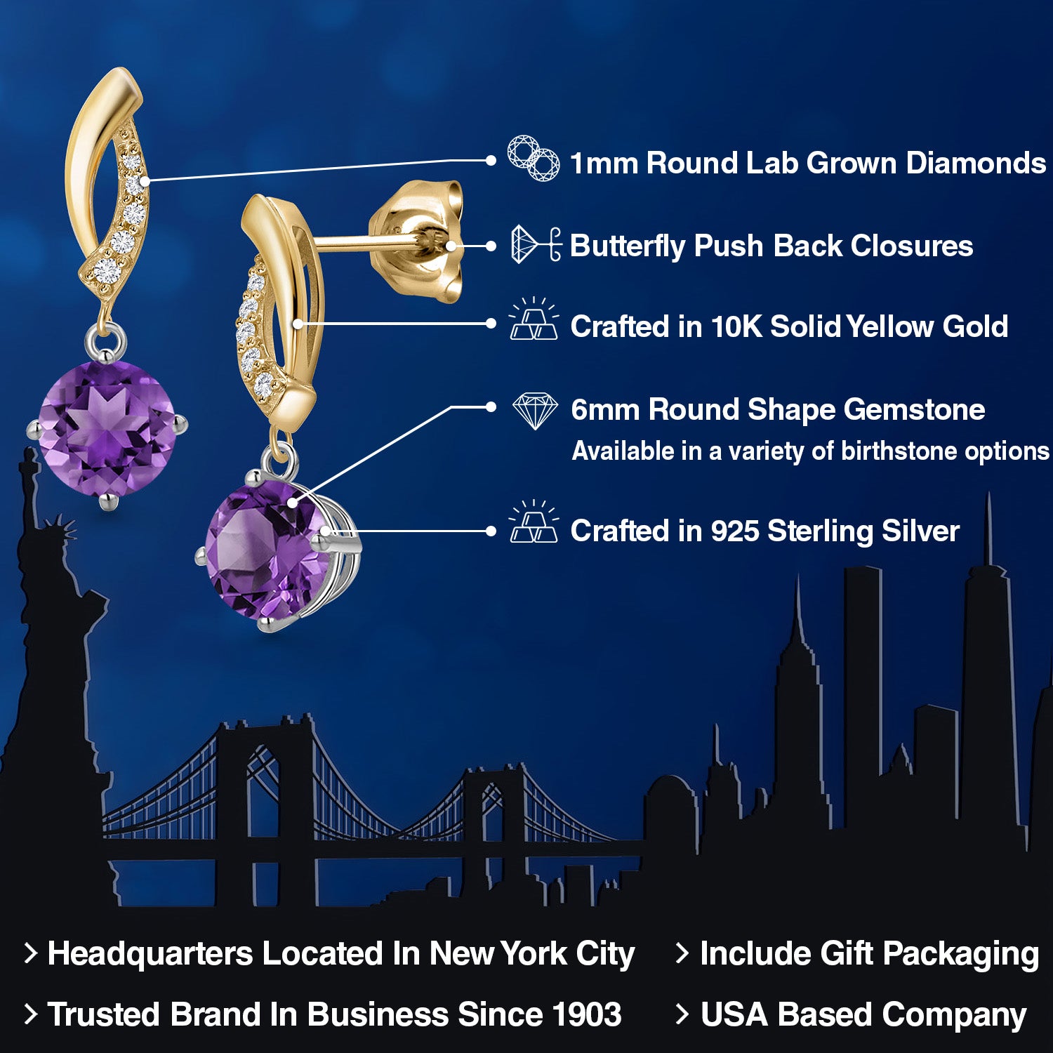 Earrings in 925 Sterling Silver and 10K Yellow Gold