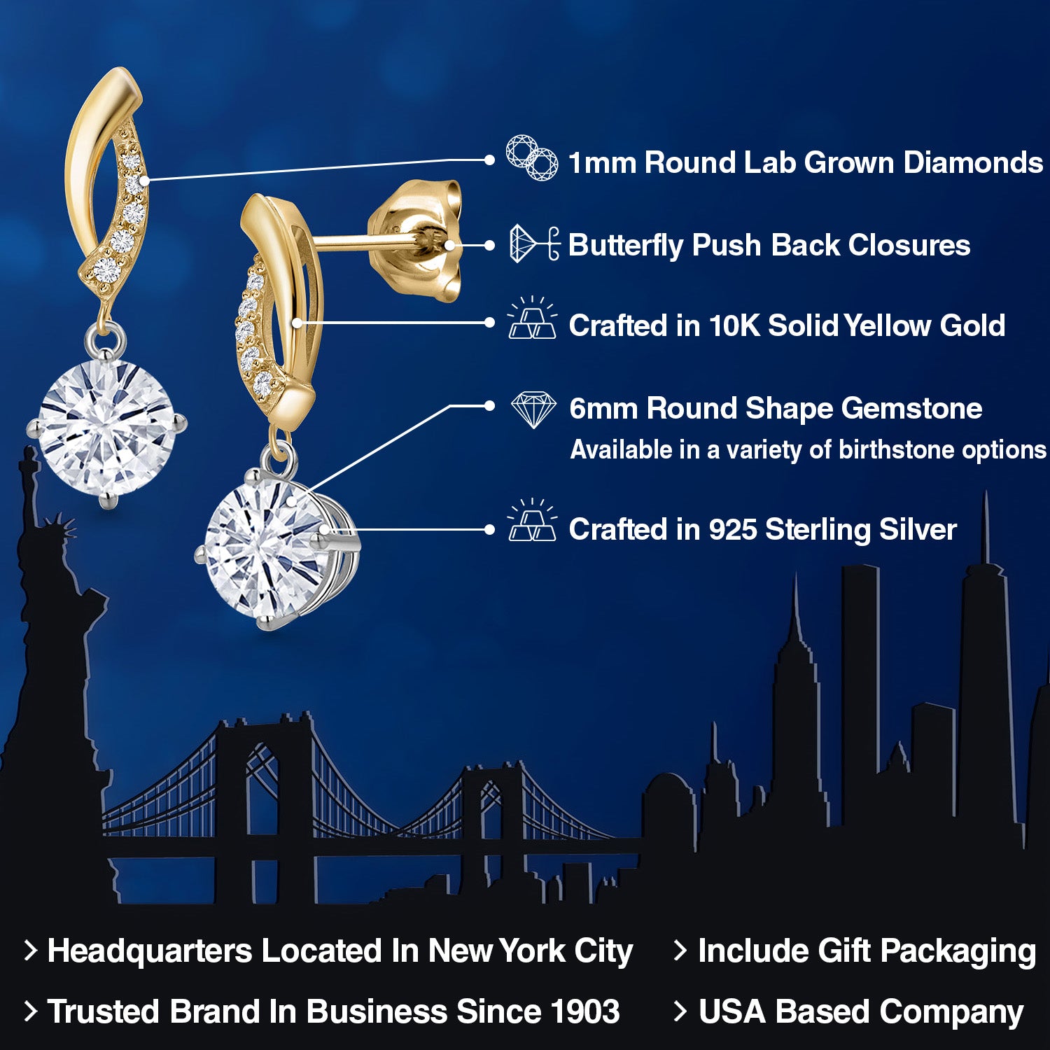 Earrings in 925 Sterling Silver and 10K Yellow Gold